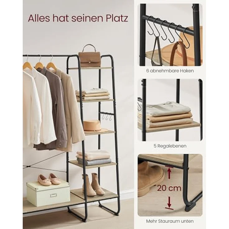 VASAGLE Kleiderständer, Garderobenständer, 45 x 120 x 160 cm Garderobe, Kleiderstange, Schuhablage, offener Kleiderschrank, 6 Haken abnehmbar, Schlafzimmer Flur, türkisbraun-Mattschwarz RGR116K01 – Bild 5