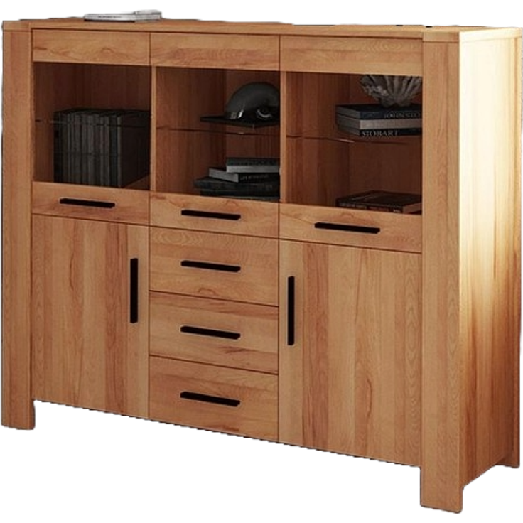 Anrichte Lubic aus Kernbuche massiv 155x45x128 mit 5 Türen Glas und 3 Schubladen