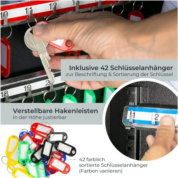 HMF Schlüsselkasten Abschließbarer Schlüsselschrank mit 42 Haken (Inkl. Schlüsselanhänger), verstellbare Hakenleisten, 35 x 27 x 8 cm, schwarz – Bild 3