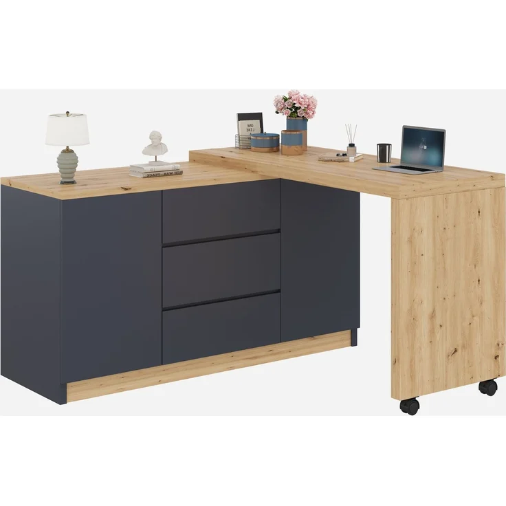 Flieks 360° Schreibtisch mit Sideboard, 120×50×76.5cm, Eckschreibtisch auf Rollen, Computertisch mit 3 Schubladen & 2 Türen, Grau/Eiche – Bild 4
