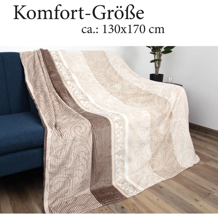 Kuscheldecke XXL (130x170cm) - Beige Ornament - Flauschdecke Microfaser-Decke - Jacquard, große weiche Wohn-Decke zum kuscheln Flanelldecke