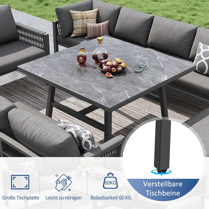 Merax Garten-Lounge-Set, Gartensofa-Garnitur in L-Form für bis zu 8 Personen / Robustes Eisengestell mit grauen Polstern / Komplett mit Tisch (Holzoptik Glas) & 1 Sessel, grau – Bild 5