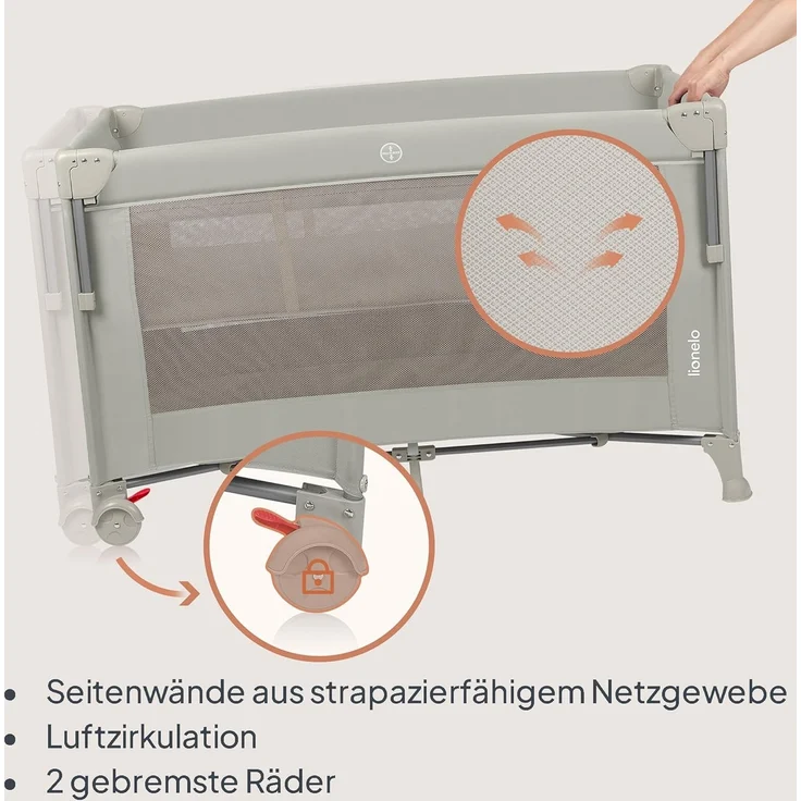 Lionelo Ellen 3 in 1 Reisebett von 0 bis 3 Jahren, Beistellbett für Neugeborene und ältere Kinder bis 15 kg, 2 Matratzenhöhen, Befestigungsgurte, seitlicher Reißverschluss, 2 Rollen, Tasche – Bild 7