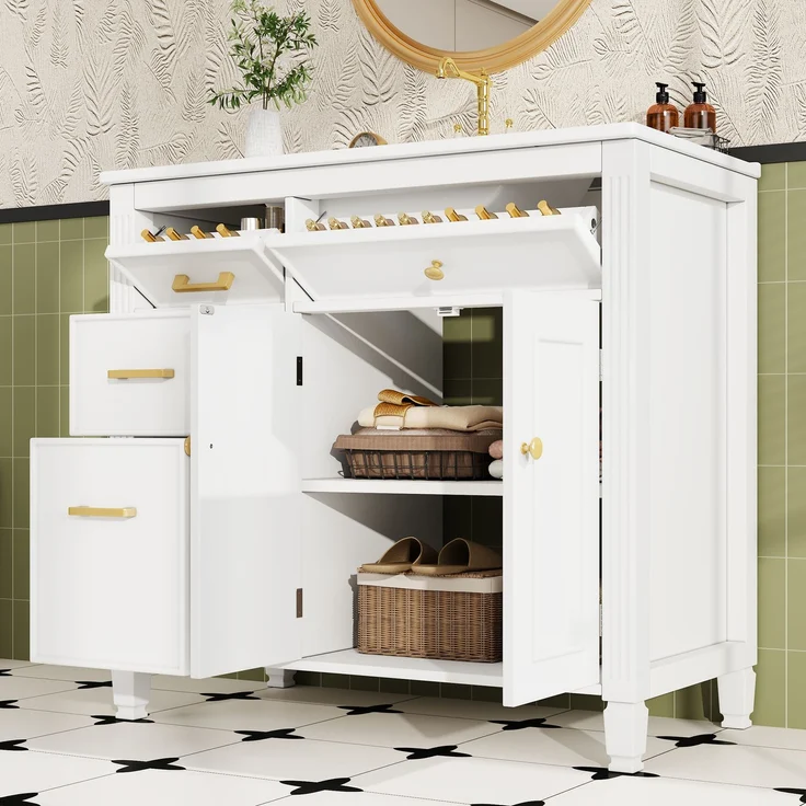 91*46,5*87 cm, freistehender Waschtisch, lackierte Oberfläche, integriertes Keramikbecken, Soft-Close-Scharniere, geräuschlose Auszüge, 3D-Rahmendesign, Klappschublade, weiß. – Bild 4