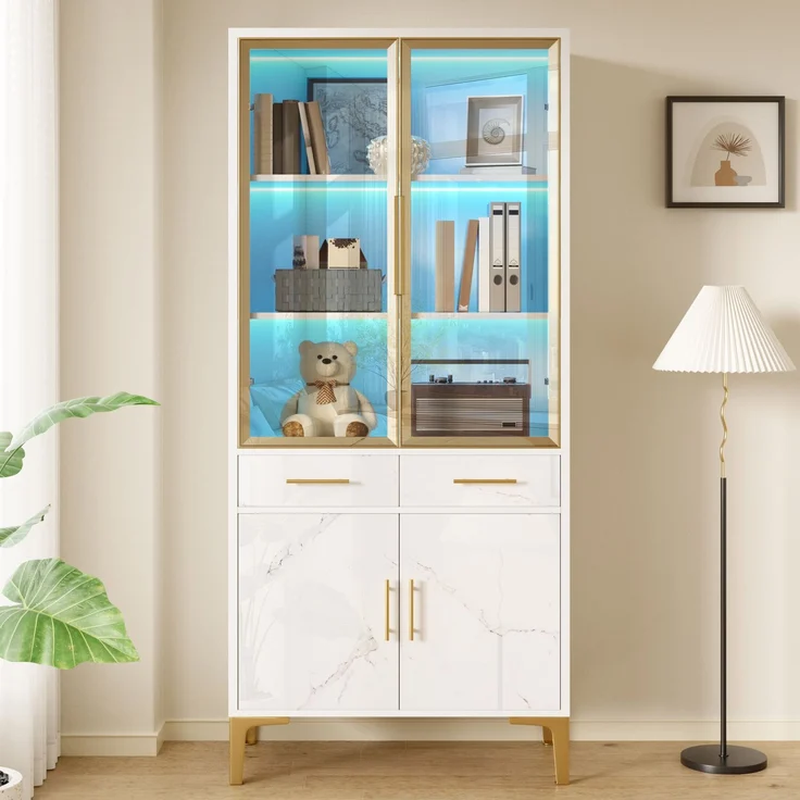 ZUBALIYA Vitrine, mit Schubladen, mit Stauraum, mit LED-Beleuchtung, mit App-Steuerung, H 170 × T 38 × B 75 cm, Weiß, MDF / Spanplatte – Bild 8