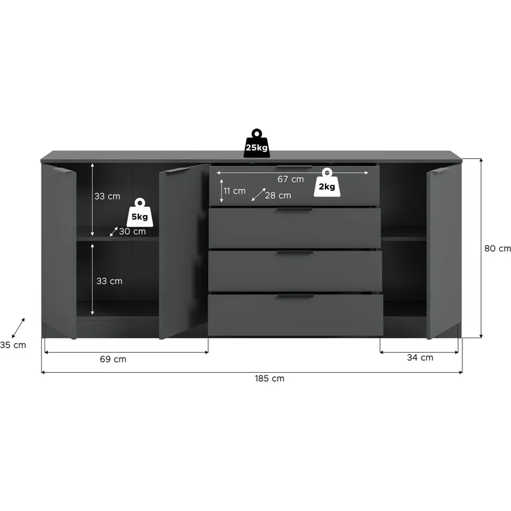 Kommode (B/H/T: 185x80x35 cm) in anthrazit – Bild 4
