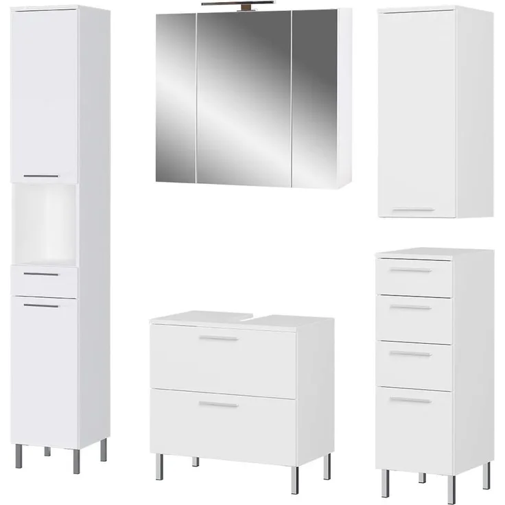 Germania 5-TLG. Badezimmer-Set 8271-84 GW-Arvada, bestehend aus Waschbeckenunterschrank, Spiegelschrank, Unterschrank, Hängeschrank und Hochschrank, in der Farbe Weiß
