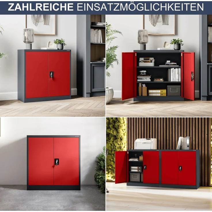 Aktenschrank abschließbar KADO - 3 Ebenen verstellbar, Flügeltüren | Metallschrank Werkstatt Mehrzweckschrank Büroschrank aus Stahl Werkzeugschrank, 93x90x40cm Anthrazit-Rot – Bild 6