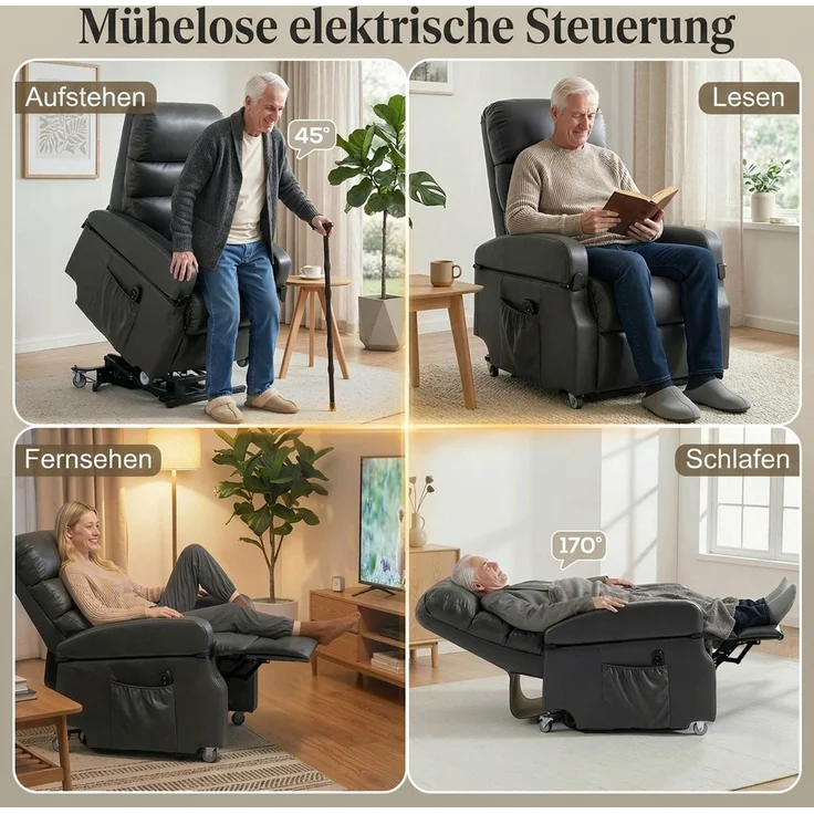Wohnora-Fernsehsessel mit Aufstehhilfe Elektrischer Relaxsessel mit Fernbedienung, Fußstütze, Liegefunktion, Dunkelgrau,H 1100cm x T 980cm x B 780cm – Bild 5