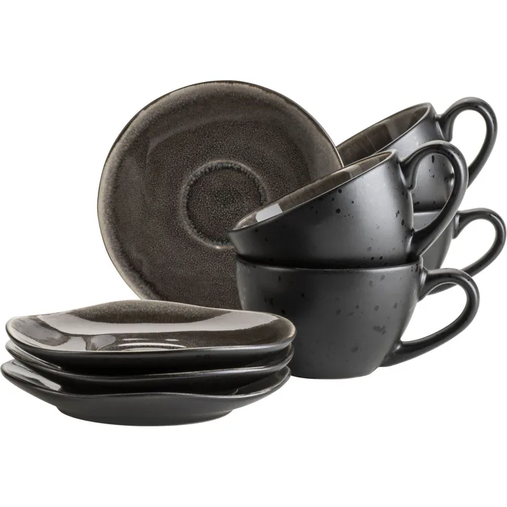 Modernes Kaffeetassenset für 4 Personen in aufregendem Vintage Look, 8-teiliges Kaffeetassen Set mit besonderer Glasurkombination in Schwarz und Braun, Steinzeug