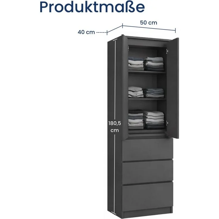 Home Collective Kleiderschrank Garderobenschrank Mehrzweckschrank Schrank platzsparend & vielseitig (50x40x180,5 cm (BxTxH), ideal für Schlafzimmer Flur & Arbeitszimmer) mit 2 Türig 3 Einlegeböden & 3 Schubladen in anthrazit – Bild 1