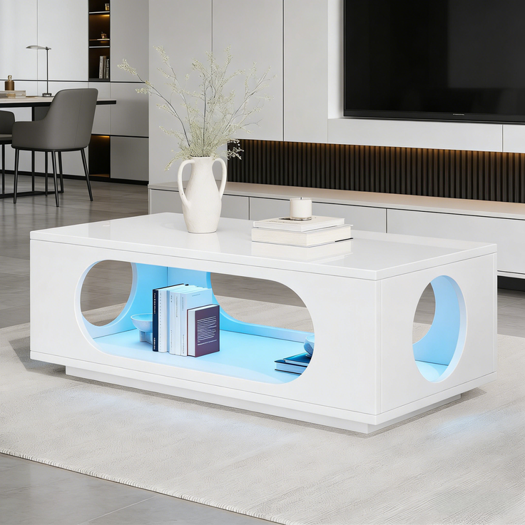 Couchtisch 100 x 50 x 35 cm mit LED-App-Steuerung, Kabelmanagement, MDF in Weiß Hochglanz – Bild 4