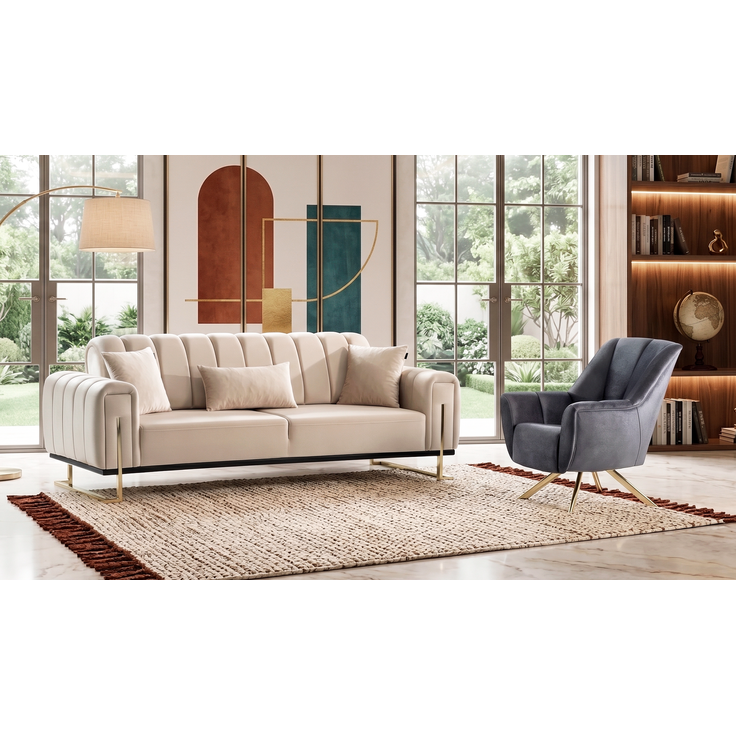 Sitzgruppe/Sofa Set - Wohnzimmergarnitur "Elara" 3+3+1-Beige/Grau – Bild 2