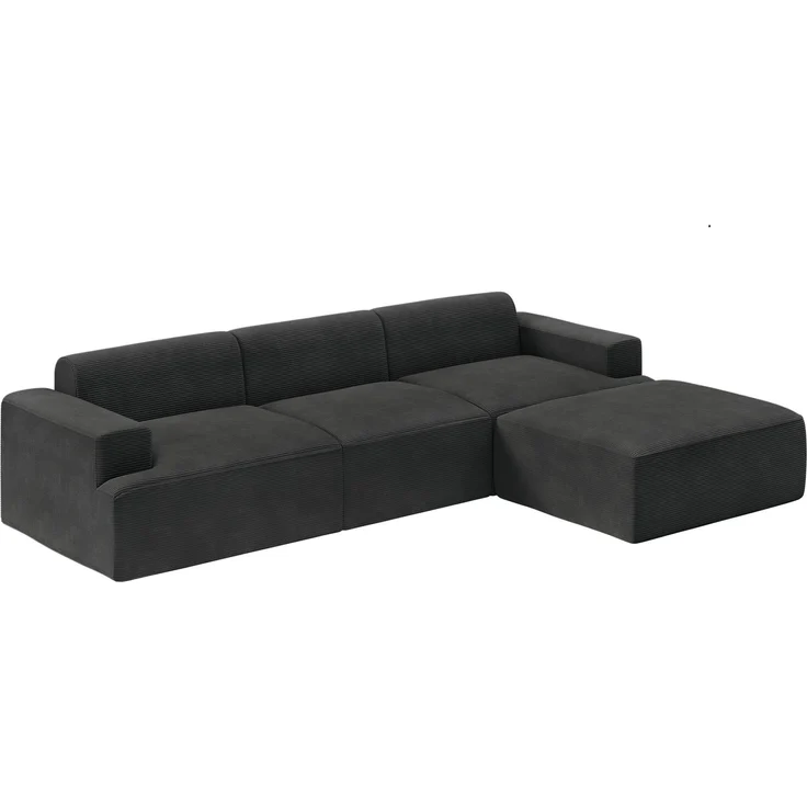 skølm 'Freki' Sofa 3 Sitzer mit 1 Hocker, Vollschaumcouch mit Federkern und Vakuum-Kompression, kein Aufbau erforderlich, mit 3 Kissen, Cord schwarz