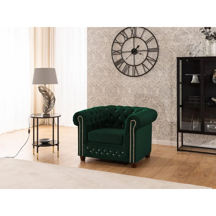 S-Style Möbel Chesterfield-Sessel Cleo Blink aus Samt mit Kristallsteppung und braunen Massivholzfüßen, mit Wellenfederung – Bild 4