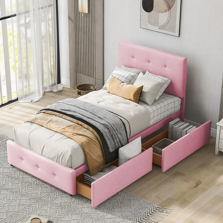 Merax Polsterbett 90 x 200 cm Bett mit Lattenrost, Rückenlehne und zwei Schubladen, hautfreundlicher Samtstoff Beige flaches Gästebett (Rosa) – Bild 4