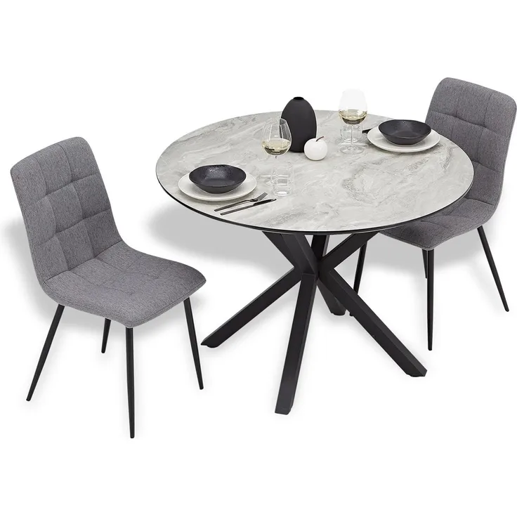 Esstisch mit 2 Stühlen Set Essgruppe Polsterstühle Leinen Grau Esszimmertisch Rund Ø 110 cm Modern Metall Schwarz