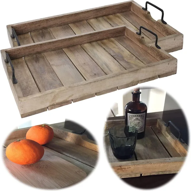 2x Mango Serviertablett 38x25 cm Set Holz-Tablett Deko Griff-Tablett