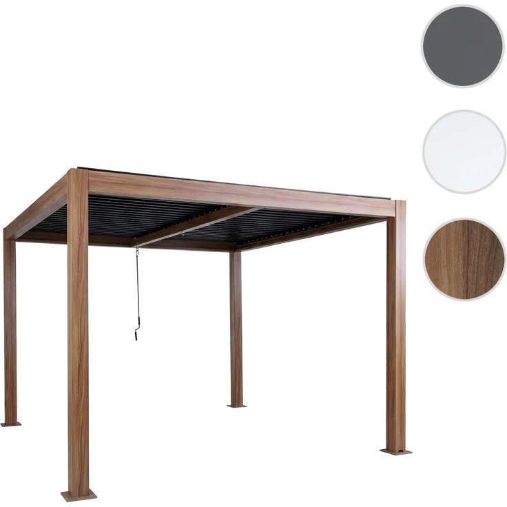 Pergola HWC-L46, Gartenpavillon Lamellen-Pavillon, 10cm-Aluminium-Gestell, Regenrinne sturmfest, 3x3m ~ Holzoptik – Bild 10