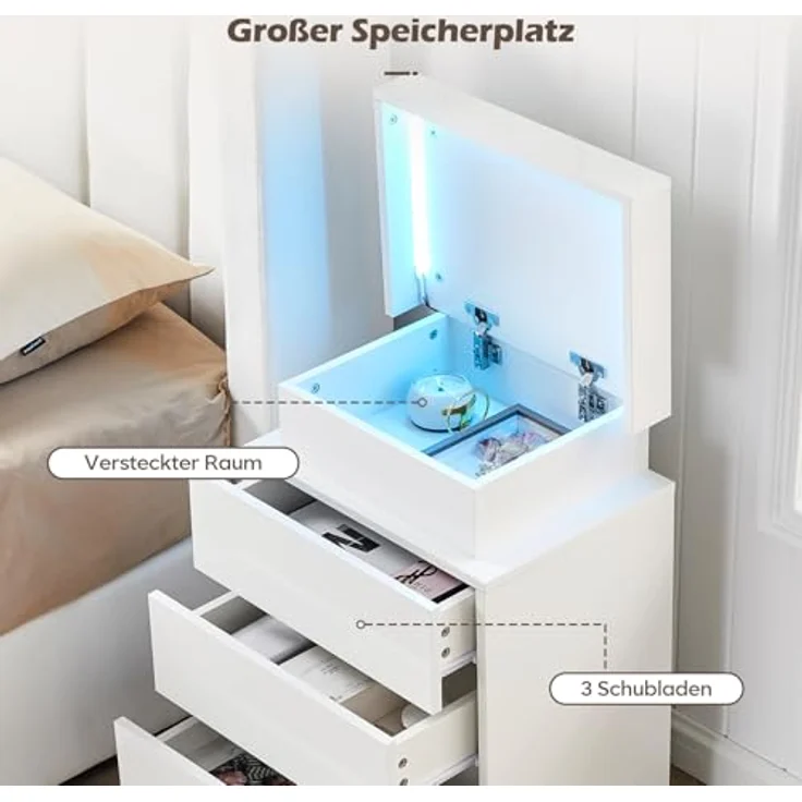 TUKAILAI Nachttisch mit LED Beleuchtung, 3 Schubladen und oberer Aufbewahrung, Hochglanz, Weißer Nachtschrank Modern, 45 x 35 x 67.5 cm für Schlafzimmer, Wohnzimmer – Bild 5