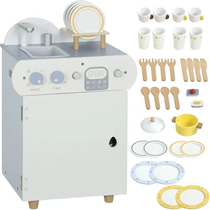 Spülküchen-Set, Holzgeschirrspüler für Kinder, 32 Zubehör-Teile, MDF, für Kinder ab 3 Jahren, Hellblau--Blau--52x26x36cm--CHENHAONING
