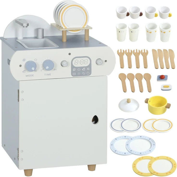 Spülküchen-Set, Holzgeschirrspüler für Kinder, 32 Zubehör-Teile, MDF, für Kinder ab 3 Jahren, Hellblau--Blau--52x26x36cm--CHENHAONING – Bild 1