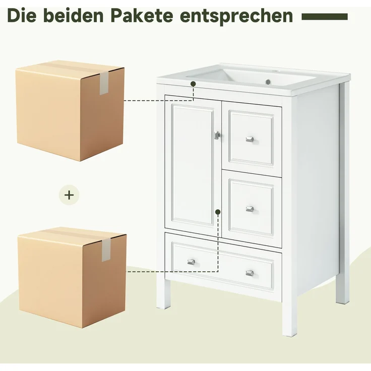 Waschtisch 62 x 47 x 90 cm mit Keramikwaschbecken und drei Schubladen, Weiß – Bild 5