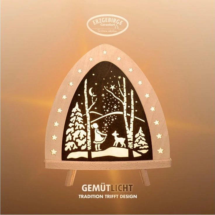 Weigla Lichterbogen LED Sterntaler, Holz Dekolampe, Märchen, NATUR-BRAUN, Made in Germany (1-tlg), Erzgebirge garantiert, Weihnachtsdeko Innen, Weihnachtsbeleuchtung – Bild 1