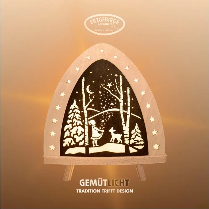 Weigla Lichterbogen LED Sterntaler, Holz Dekolampe, Märchen, NATUR-BRAUN, Made in Germany (1-tlg), Erzgebirge garantiert, Weihnachtsdeko Innen, Weihnachtsbeleuchtung