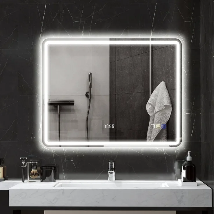 Badspiegel 70x90x3.5 cm mit LED-Beleuchtung, Bluetooth und Antibeschlagfunktion, Silber