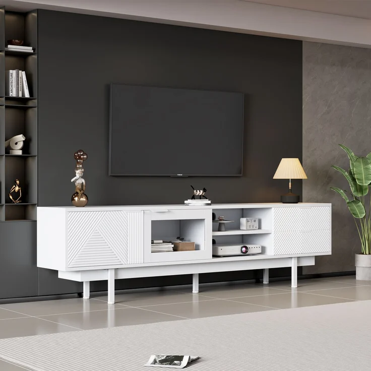 TV-Schrank Weiß 200 x 40 x 50,5 cm, modernes Lowboard für 80-Zoll Fernseher, Sideboard mit 2 Türen 2 Schubladen, 3-Schicht-Ablage – Bild 5