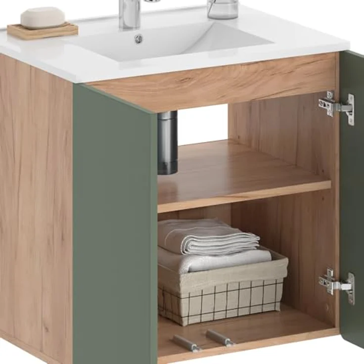 Vichy Badmöbel-Set Izan, Waschbeckenunterschrank und Spiegelschrank, Goldkraft Eiche/Grün – Bild 5