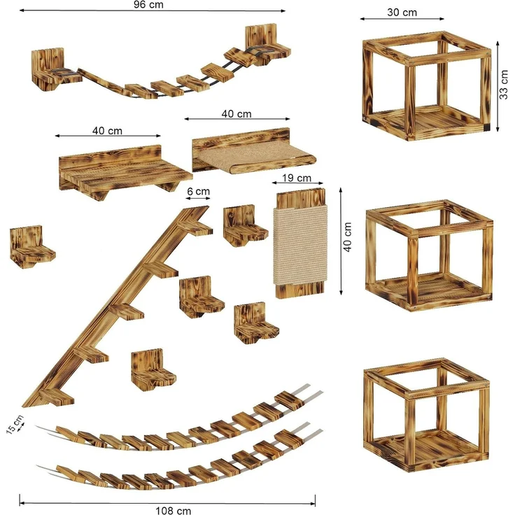 QLS Katzen-Kletterwand Deckenmontage und Wandmontage Geflammt 15-tlg, Set XXL Hängebrüke Katzenbett Katzenregal – Bild 2