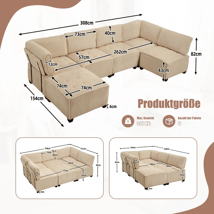 LVHOM Modulares Sofa U Form 308 x 82 x 154 cm, 6-Sitzer mit Schlaffunktion, Modular Cord Ecksofa, umwandelbares Schaumstoffsofa, Sofagarnitur, Khaki – Bild 6