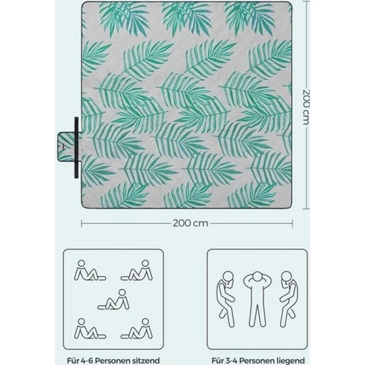 Songmics Picknickdecke, 200x200 cm, groß, Campingdecke, für Park, Garten, Strand, wasserdicht, maschinenwaschbar, faltbar, grau mit tropischem Farn GCM001G02 – Bild 2