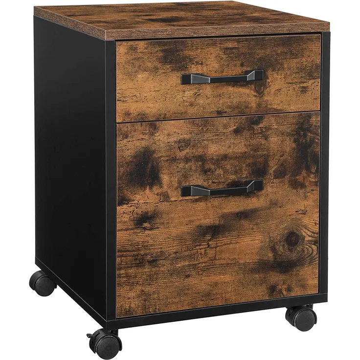 VASAGLE Rollcontainer, Aktenschrank, Büroschrank mit 2 Schubladen, Rollen, für Dokumente in DIN A4- und Letter-Format, mit Hängeregistratur, Industrie-Design, vintagebraun-schwarz OFC042B01