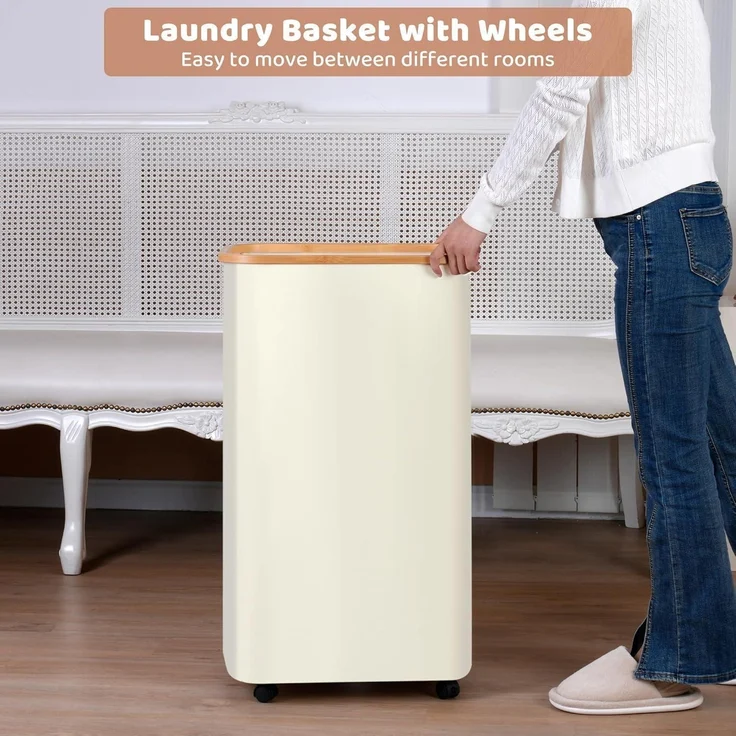 iEGrow 110L Wäschekorb Rollen Deckel Bambusgriff Beige – Bild 5