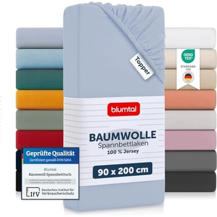 Blumtal® Baumwolle Spannbettlaken für Topper 90x200 cm Basics Jersey - Bettlaken 90x200 cm - Oeko-TEX zertifiziertes Spannbetttuch 90x200 cm - Topper Spannbettlaken 90x200 cm - Hellblau – Bild 1