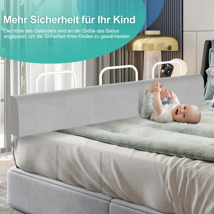 Eikuavons 1x Bettgitter 180cm Grau, höhenverstellbares Bettschutzgitter, Kinderbettgitter Babybettgitter Rausfallschutz für Familienbett & Kinderbett, Perlbaumwolle, Grau – Bild 3