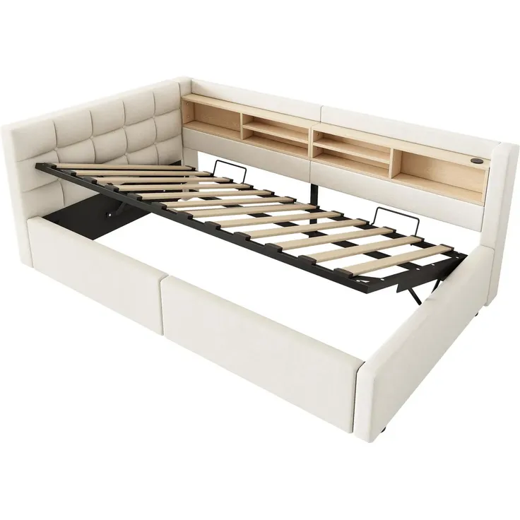 Polsterbett mit LED-Streifen, Lattenrost, Regal, Aufbewahrung, Type-C und USB, gepolsterter Kopfteil, 90x200 cm, Schlafsofa, Tagesbett, Leinen – Bild 7