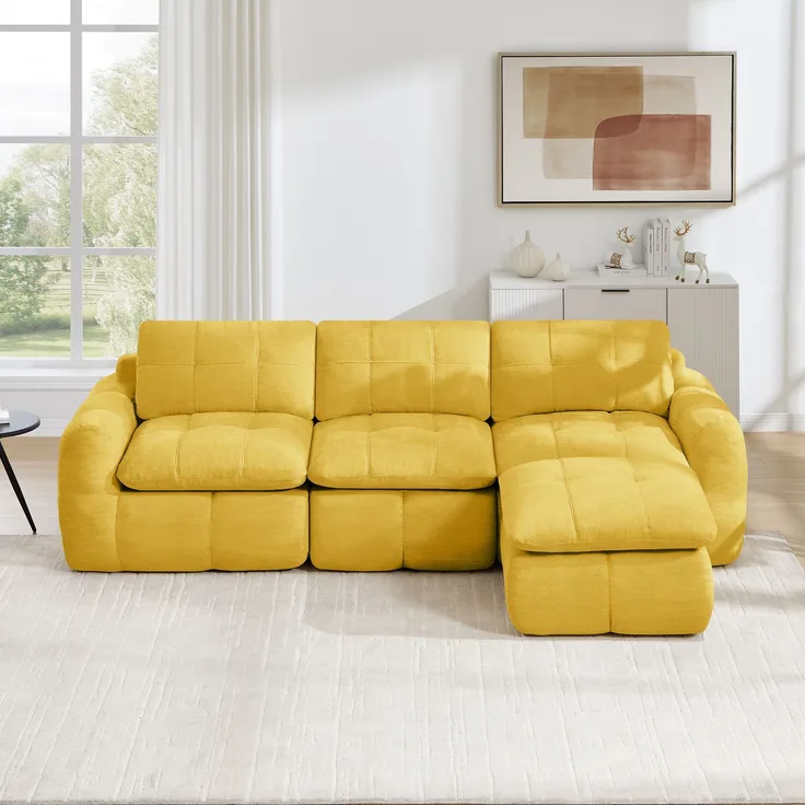 EINHOM 3‑sitziges L‑förmiges rahmenloses Modulsofa, hautfreundlicher weicher Chenille‑Bezug, 32D‑Hochdichtschaum‑Füllung, montagefrei mit 1 Ottoman für Wohnzimmer & Apartments, Gelb