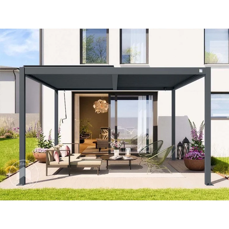 PRIMEYARD Pergola 4x4 m Aluminium-Pfosten mit Lamellendach aus Stahl anthrazitfarbene Terrassenüberdachung – Bild 3