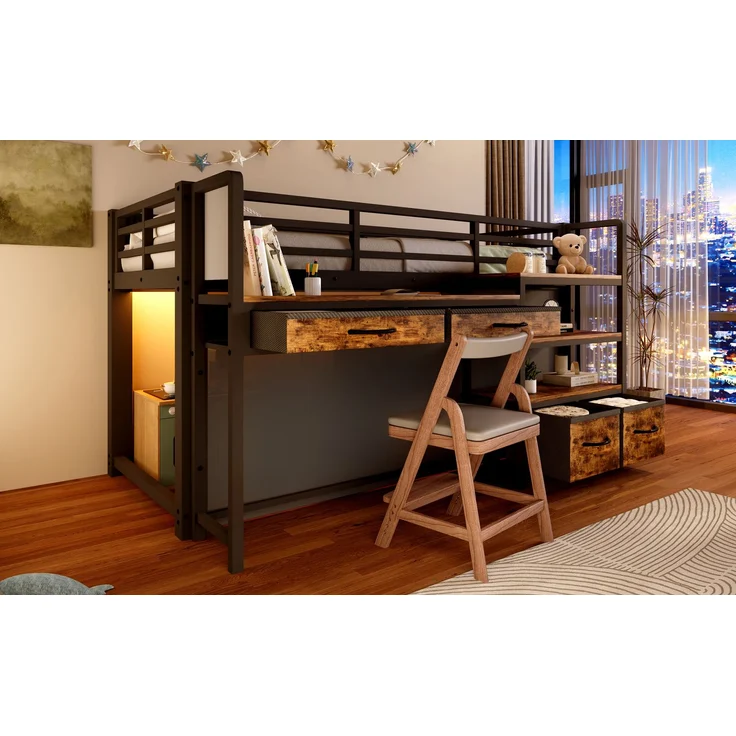 ZUBALIYA Hochbett 90x200 cm mit Schreibtisch, Stauraum und Stoffschubladen, Kinderbett aus Metall mit Vorhang, mehrschichtigem Regal und LED-Licht, Schwarz – Bild 7