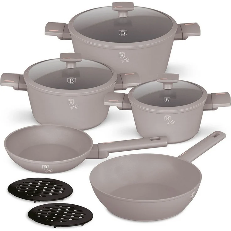BerlingerHaus Topf-Set Premium Alu Kochset 10-teilig, Titan-Antihaft, Induktion, matt Taupe, (10-tlg), 10-teiliges Alutopf-Set mit Titan-Beschichtung & Siebdeckeln in Taupe – Bild 1