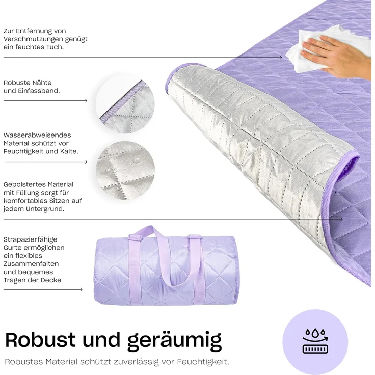 Hylat Baby Picknickdecke - Gepolsterte Stranddecke - Violett - Wasserabweisend, wärmeisolierend, aus weichem gestepptem Stoff, 130 x 170 cm - Robustes Design, leicht und faltbar mit Tragegriff – Bild 6