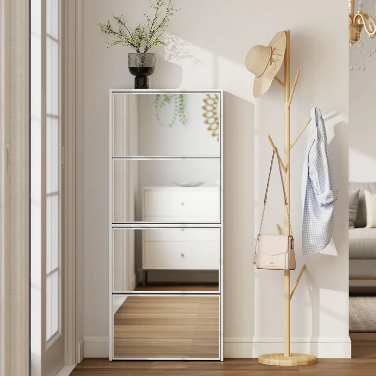Spiegel-Schuhschrank mit 4 Türen und Kippschutz aus Holz, 63 x 17 x 146 cm, Weiß – Bild 9