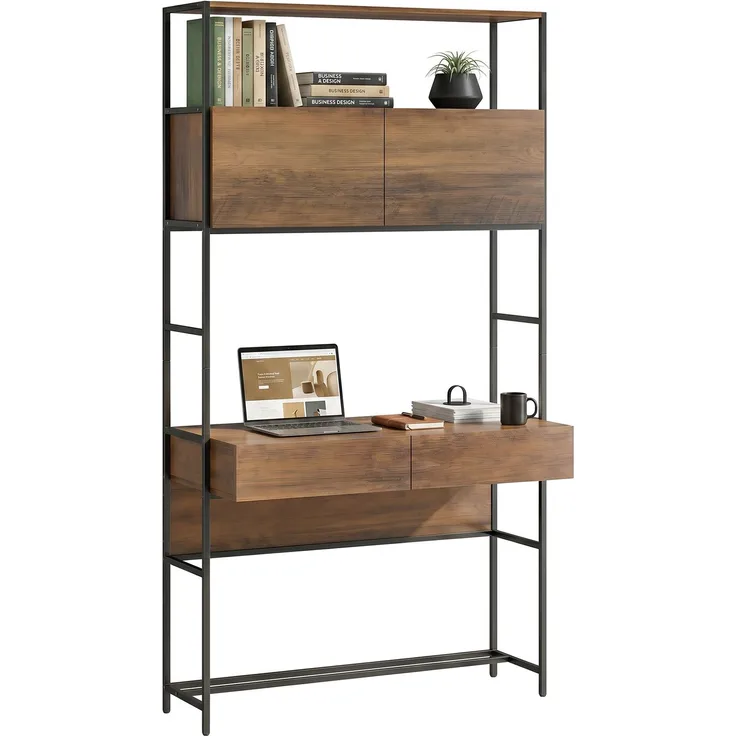 MELAYR, Computertisch mit Regalen und 2 Schubladen für das Home Office, 185 cm hoch, Braun Holzoptik