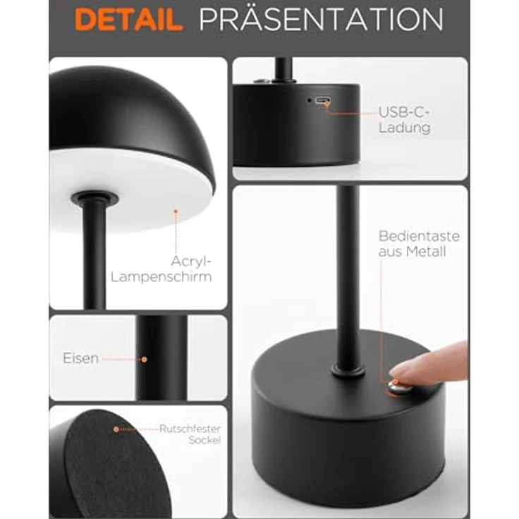 TOMONS LP01011, Schwarze LED Schreibtischlampe mit Touch-Steuerung, einstellbarer Helligkeit und Farbtemperatur, 4000mAh Akku, für Schlafzimmer, Wohnzimmer, Restaurant, Studie, Terrasse – Bild 4