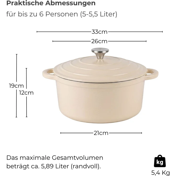osoltus Bräter Schmortopf Gusseisen Topf 26cm 5,9 Liter Emaille Bräter Creme – Bild 3