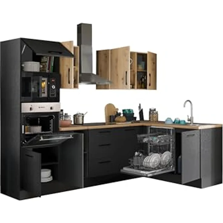 Turin LBM Eckküche 280 x 211 x 60 cm, schwarz - Ohne Küchengeräte - Moderne, geräumige Küche in Artisan-Eiche Optik mit viel Stauraum – Bild 4